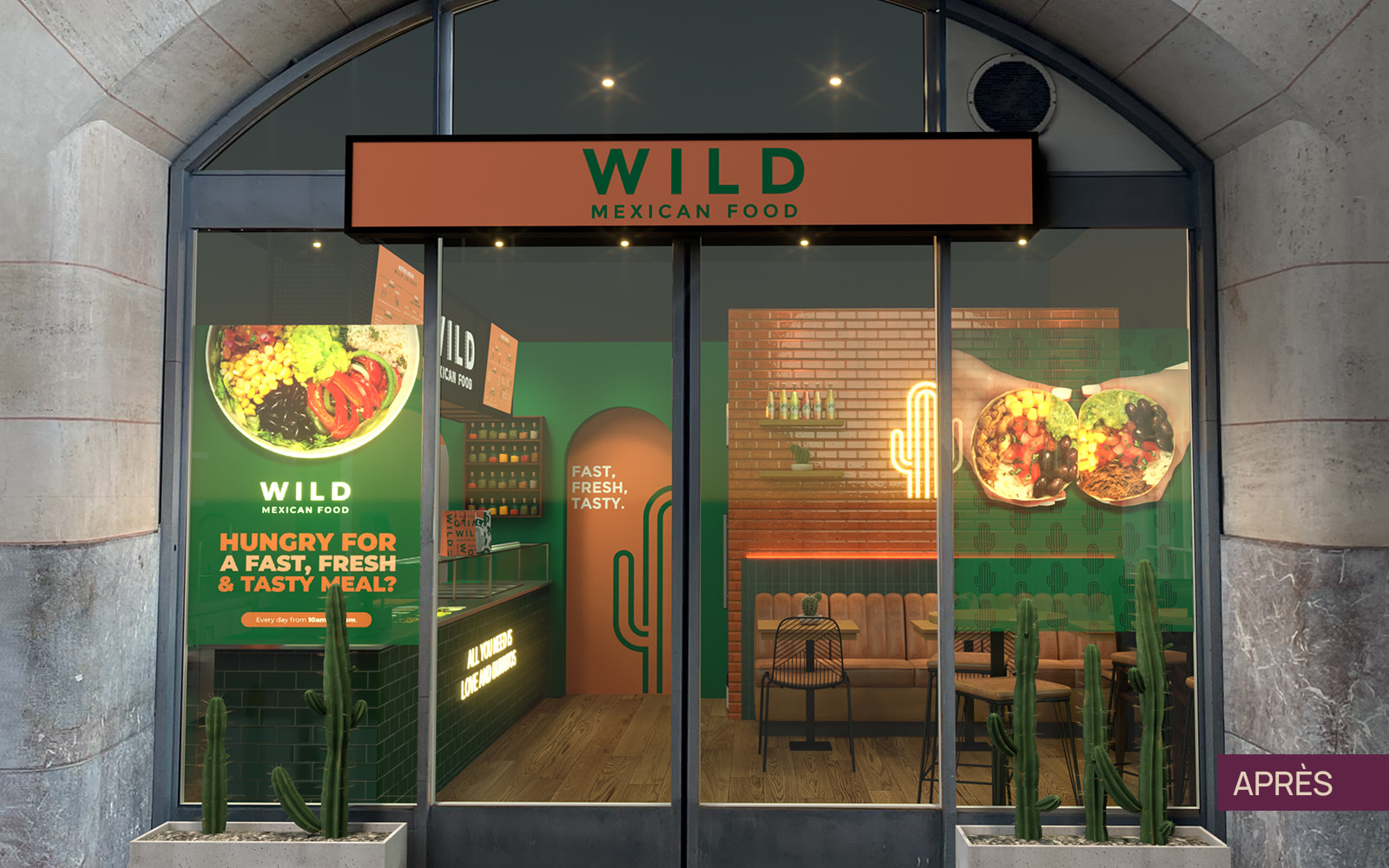 Vitrine restaurant mexicain nouveau design  et identité visuelle